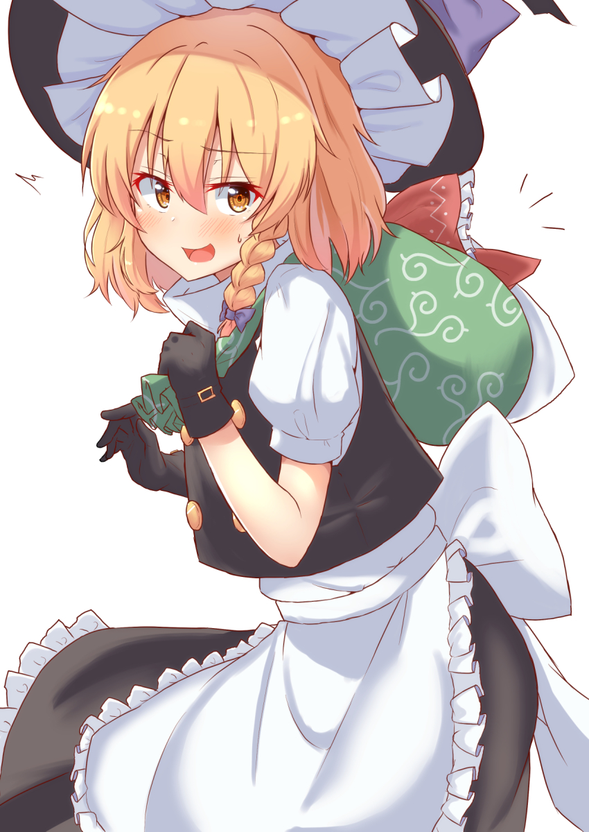 1girl, ^^^, apron, black_gloves, black_skirt, black_vest, blonde_hair, bow