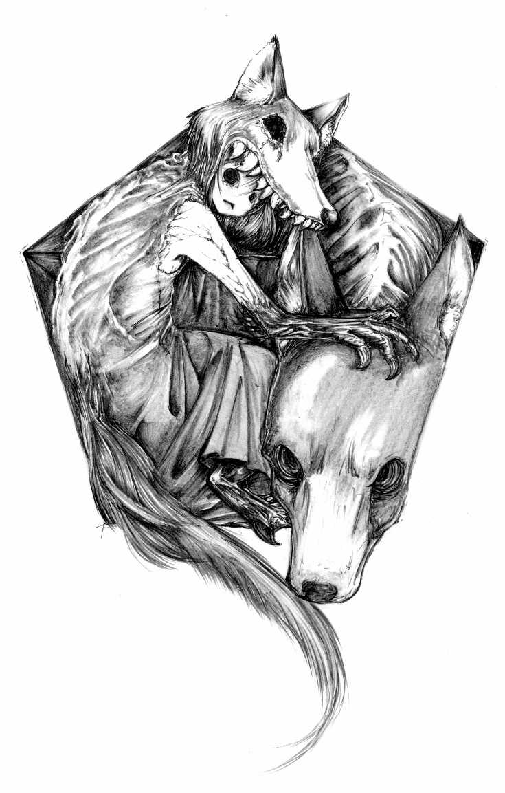 1girl, claws, creepy, cthulhu_mythos, dog, female_focus, greyscale, horror_(theme), hound_of_tindalos, hounds_of_tindalos, kurosaki_(niggurath), monochrome, monster_girl, solo, tail