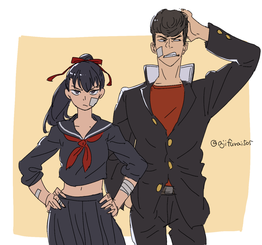 1boy, 1girl, asaya_minoru, averting_eyes, bandage_on_face, bandaged_arm, bandaged_fingers, bandages