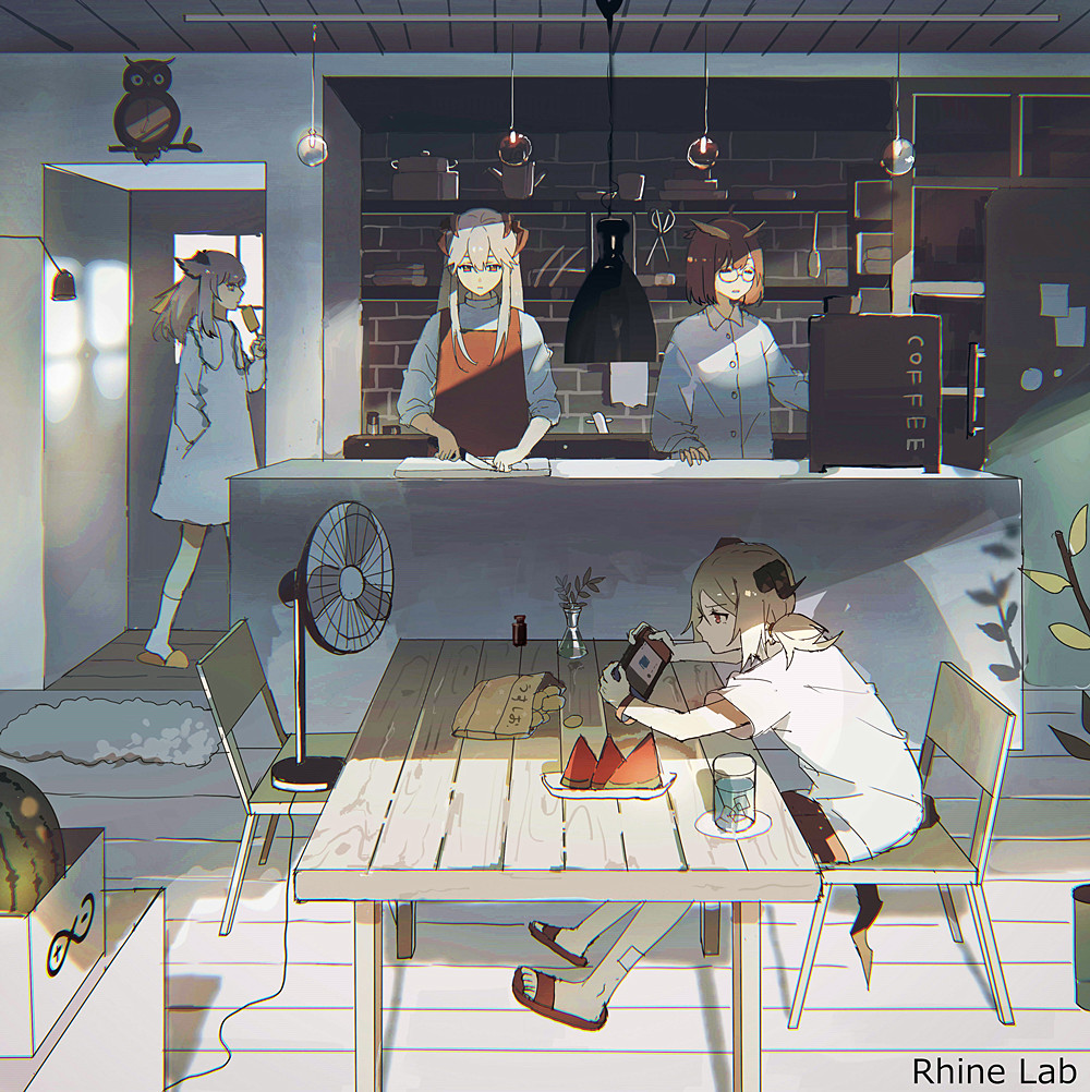 4girls, animal_ears, apron, arknights, bad_id, bad_pixiv_id, bag_of_chips, bandaid
