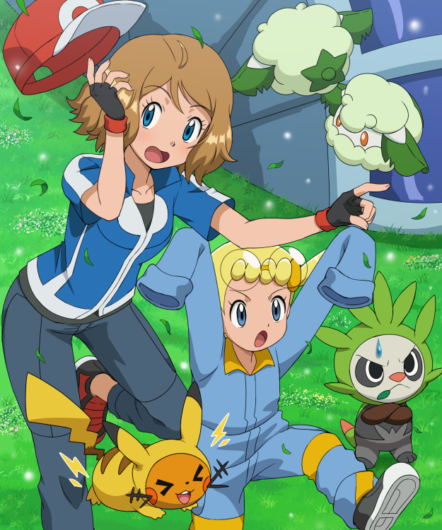 2girls, age_difference, ash_ketchum, ash_ketchum_(cosplay), baseball_cap, blonde_hair, blue_eyes, blue_jacket, bonnie_(pokemon), brown_hair, chespin, chespin_(cosplay), child, clemont_(pokemon), clemont_(pokemon)_(cosplay), collarbone, cosplay, cottonee, day, dedenne, eyelashes, eyewear_on_head, fingerless_gloves, gen_1_pokemon, gen_5_pokemon, gen_6_pokemon, glasses, gloves, grass, hat, jacket, multicolored_jacket, multiple_girls, nintendo, open_mouth, outdoors, oversized_clothes, pancham, pants, pikachu, pikachu_(cosplay), pokemoa, pokemon, pokemon_(anime), pokemon_the_series:_xy, red_headwear, serena_(pokemon), short_hair, standing, standing_on_one_leg, sweatdrop, tent, tongue, two-tone_jacket, wind
