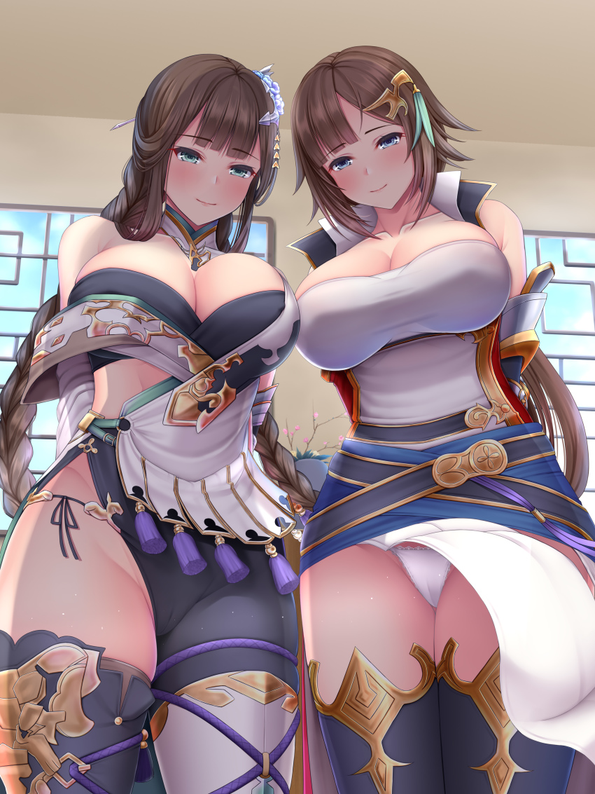 2girls, absurdres, arms_behind_back, blue_eyes, blunt_bangs, blush, braid, breasts, brown_hair, cameltoe, cleavage, collarbone, covered_erect_nipples, granblue_fantasy, green_eyes, highres, large_breasts, leona_(granblue_fantasy), loincloth, long_hair, looking_at_viewer, looking_down, melopun, multiple_girls, panties, shura_(granblue_fantasy), side-tie_panties, smile, underwear, very_long_hair