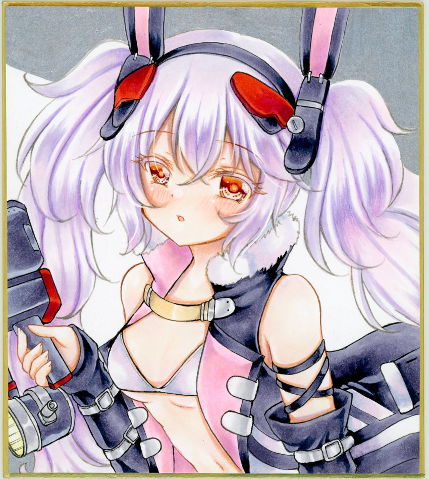 1girl, azur_lane, black_jacket, blush, bra, breasts, commentary_request, detached_sleeves