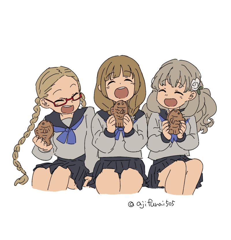 3girls, :d, ^_^, asaya_minoru, black_sailor_collar, black_skirt, blue_neckwear, blush