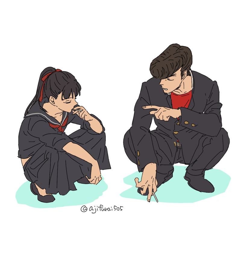 1boy, 1girl, asaya_minoru, between_fingers, black_hair, black_jacket, black_sailor_collar, black_serafuku