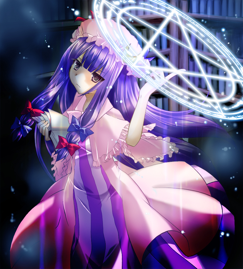 1girl, bad_id, bad_pixiv_id, blue_bow, book, bow, capelet, crescent