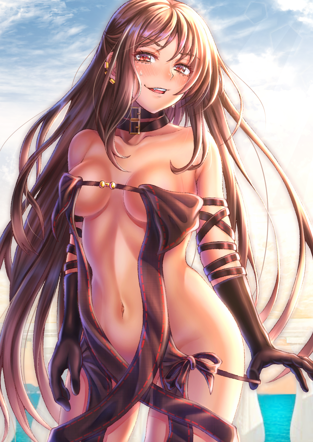 1girl, black_dress, black_gloves, blue_sky, blush, breasts, brown_hair, center_opening, choker, donkikong_(pixiv17278003), dress, earrings, elbow_gloves, fate/grand_order, fate_(series), gloves, highres, jewelry, long_hair, looking_at_viewer, medium_breasts, multiple_earrings, navel, open_mouth, red_eyes, revealing_clothes, ribbon-trimmed_dress, ribbon_trim, sky, smile, strapless, strapless_dress, thighs, very_long_hair, yu_mei-ren_(fate), yu_mei-ren_(second_ascension)_(fate)