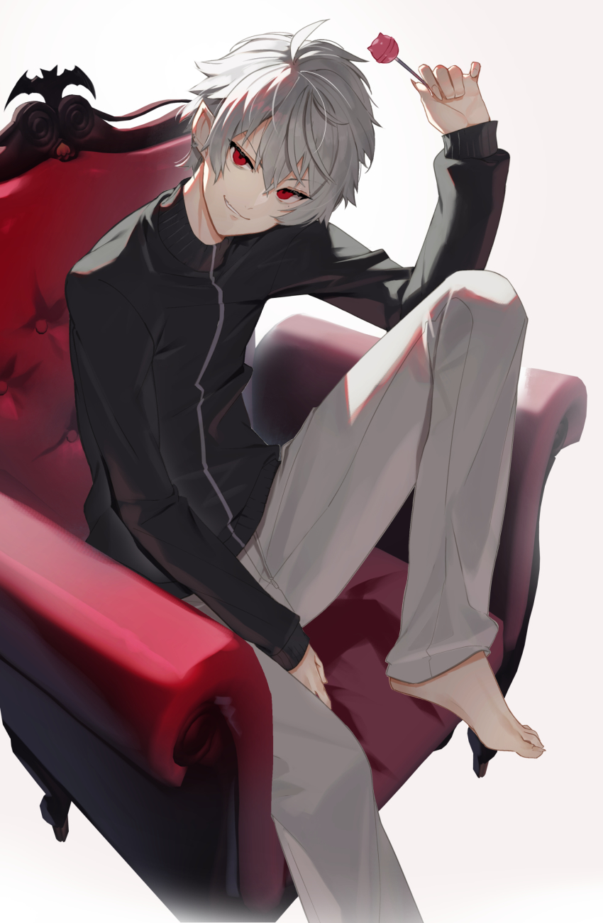 1boy, absurdres, arm_up, armchair, barefoot, between_legs, black_jacket, candy