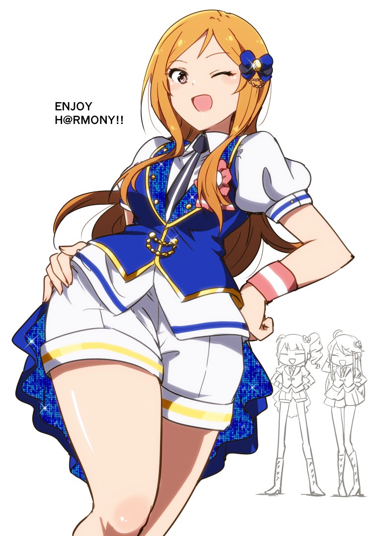 3girls, black_neckwear, blue_vest, blush, closed_eyes, commentary, frills, grateful_blue_(idolmaster)