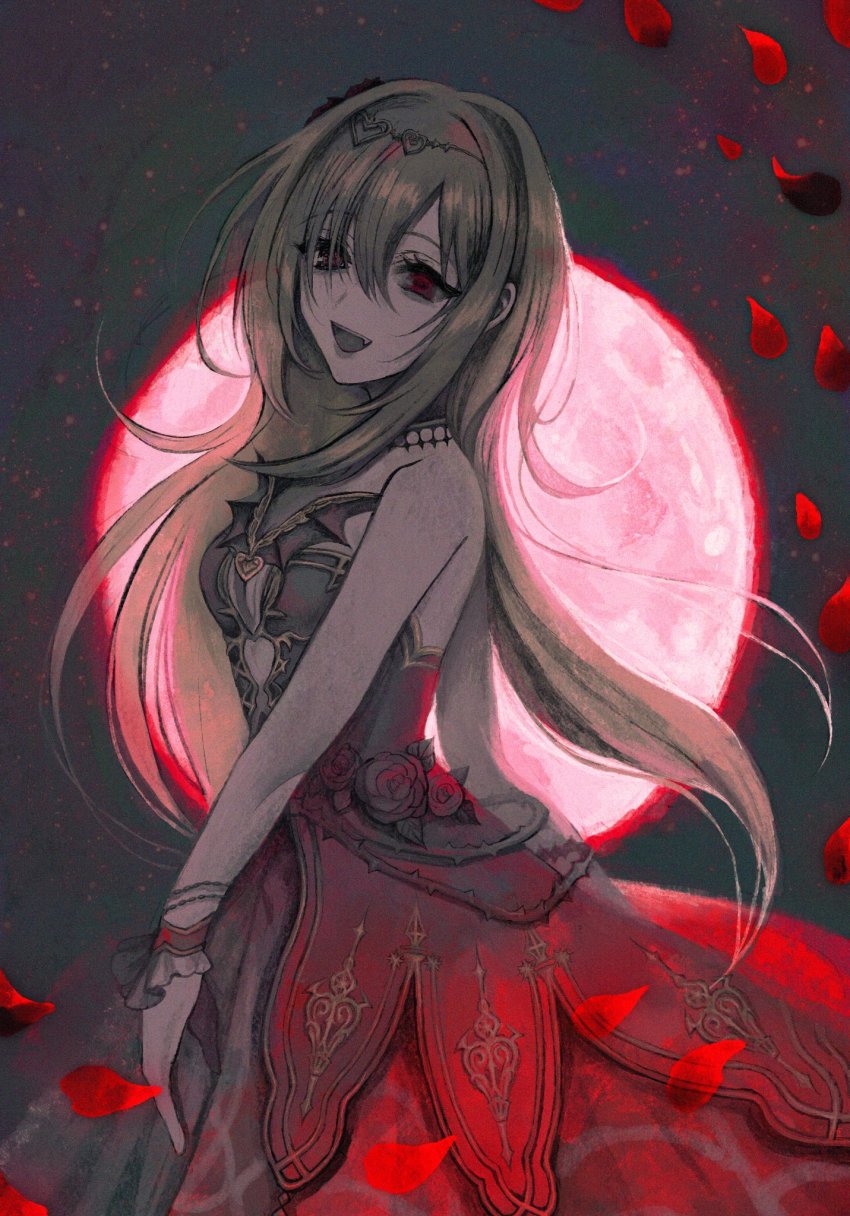 1girl, backlighting, bare_shoulders, blonde_hair, blush, breasts, chinosuke_(o_j_o_p), cleavage, cowboy_shot, female_focus, highres, idolmaster, idolmaster_cinderella_girls, idolmaster_cinderella_girls_starlight_stage, kurosaki_chitose, long_hair, looking_at_viewer, moon, night, open_mouth, outdoors, parted_bangs, red_eyes, red_moon, smile, solo, very_long_hair