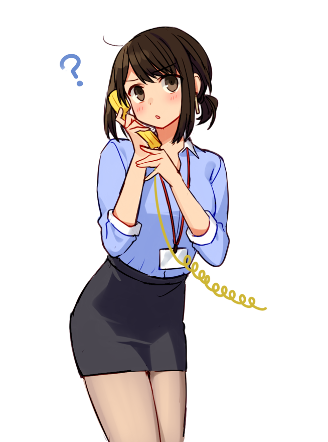 1girl, ?, black_skirt, blue_shirt, blush, borrowed_character, brown_eyes, brown_hair