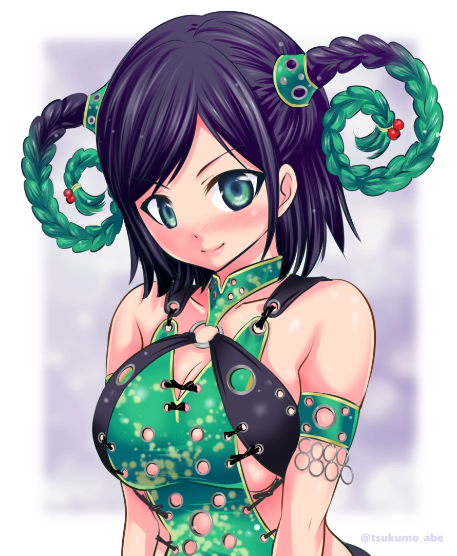 1girl, abe_tsukumo, animification, black_hair, blush, breasts, cleavage, closed_mouth