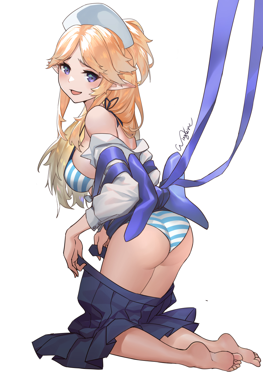 1girl, absurdres, ass, bikini, bikini_under_clothes, blonde_hair, blue_bikini, blue_eyes