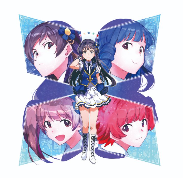 5girls, arm_behind_head, black_eyes, black_hair, boots, brown_hair, crescendo_blue, gasu, grateful_blue_(idolmaster), hair_ornament, hakozaki_serika, idol_clothes, idolmaster, idolmaster_million_live!, idolmaster_million_live!_theater_days, kitakami_reika, kitazawa_shiho, knee_boots, lace-up_boots, long_hair, looking_at_viewer, mogami_shizuka, multiple_girls, necktie, nonohara_akane, red_hair, revealing_layer, short_hair, silhouette, skirt, twintails, walking, white_skirt, wrist_cuffs