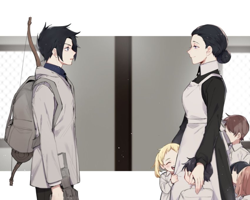 ^_^, apron, backpack, bag, black_dress, black_hair, black_pants, blonde_hair