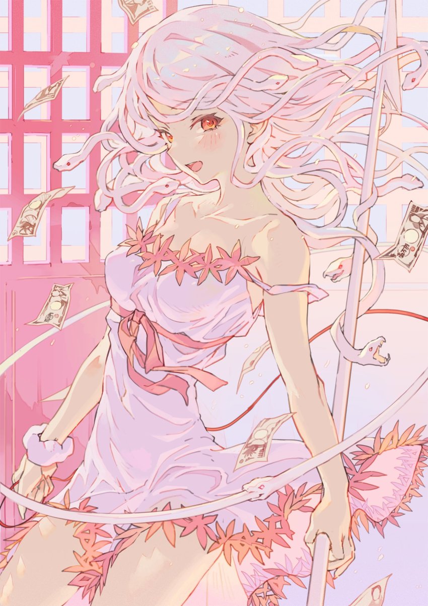 1girl, bakemonogatari, bare_shoulders, blush, breasts, cleavage, collarbone, commentary_request