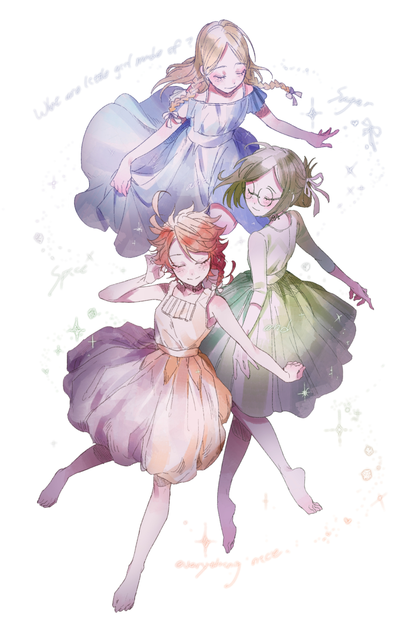 3girls, ahoge, anna_(yakusoku_no_neverland), arm_up, bare_shoulders, barefoot_sandals_(jewelry), blonde_hair, blue_dress