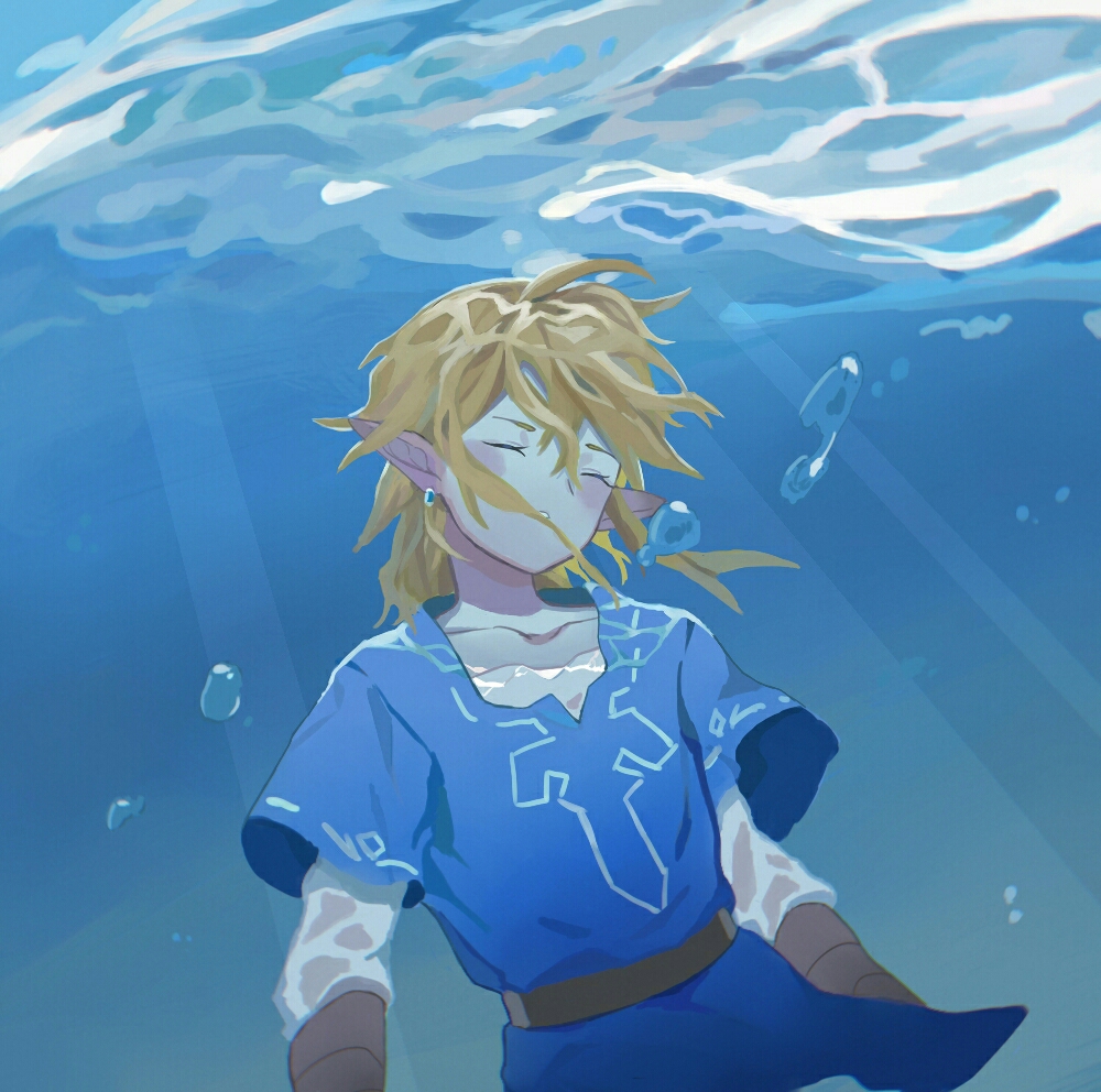 1boy, air_bubble, blonde_hair, blue_tunic, bubble, closed_eyes, day, link