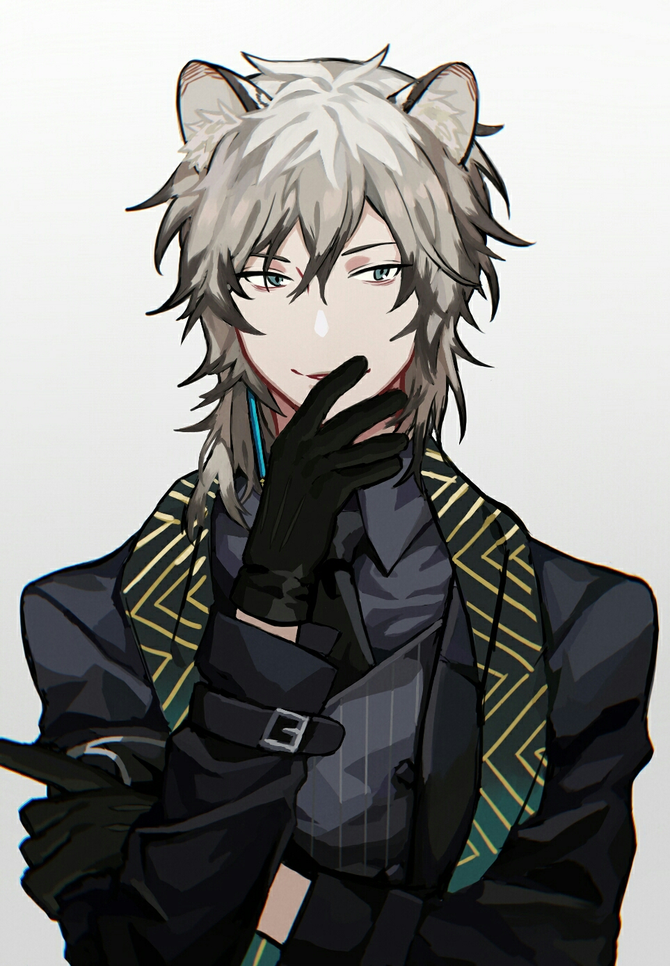 1boy, animal_ear_fluff, animal_ears, arknights, black_gloves, black_jacket, black_neckwear, gloves