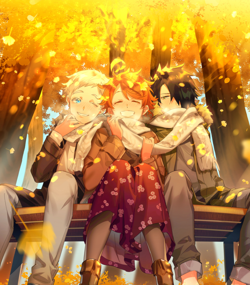 1girl, 2boys, ahoge, autumn, autumn_leaves, bench, black_hair, blue_eyes