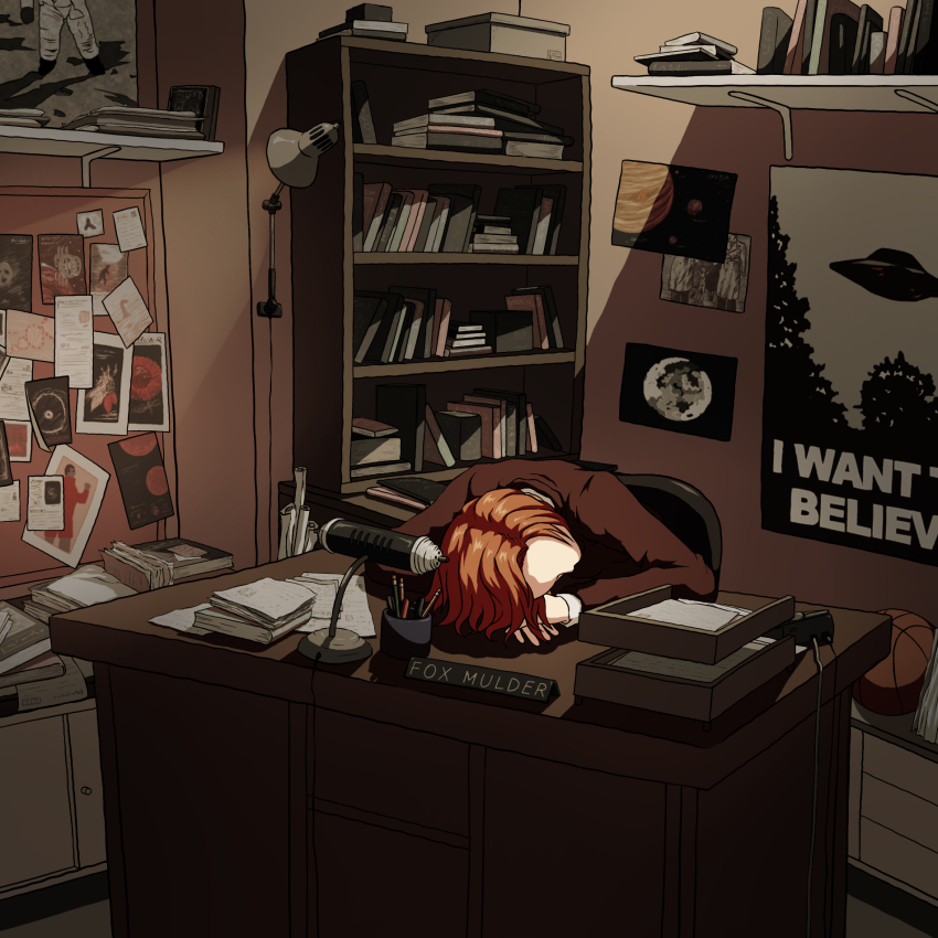 1boy, ball, basketball, basketball_(object), book, box, brown_hair, bulletin_board