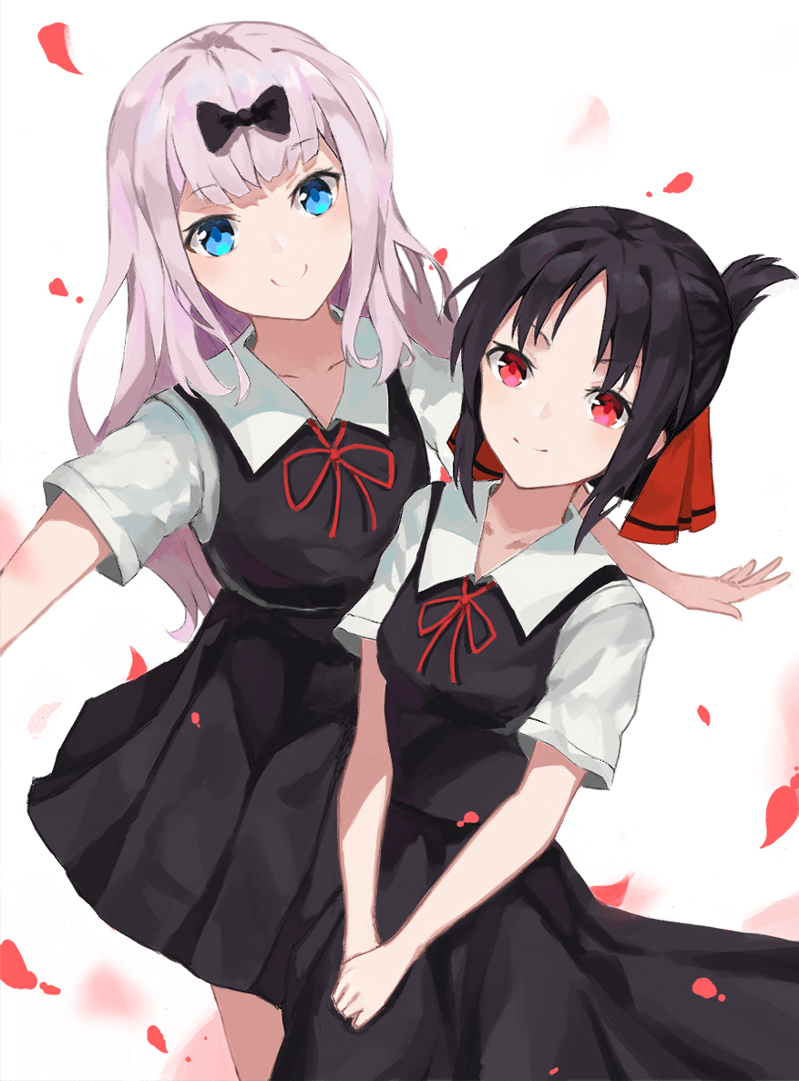 2girls, black_bow, black_dress, black_hair, blouse, blue_eyes, blunt_bangs, blush