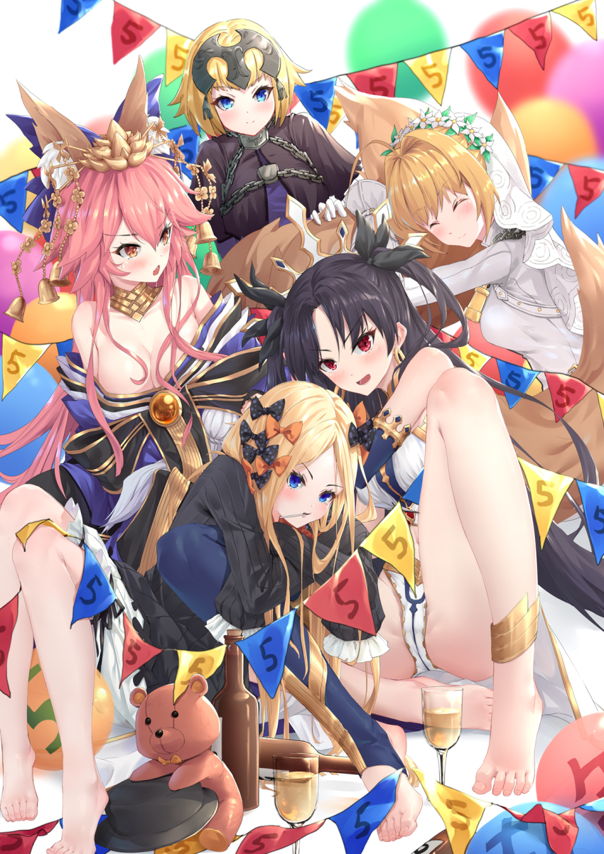 5girls, abigail_williams_(fate), abigail_williams_(first_ascension)_(fate), ahoge, animal_ear_fluff, animal_ears, armor, balloon