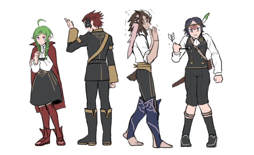 2boys, 2girls, ahoge, angry, arrow_(projectile), back, blunt_bangs, braid, cape, circlet, cosplay, dobinnim, feathers, ferdinand_von_aegir, ferdinand_von_aegir_(cosplay), fire_emblem, fire_emblem:_three_houses, fire_emblem_awakening, full_body, garreg_mach_monastery_uniform, gerome_(fire_emblem), green_hair, highres, ignatz_victor, ignatz_victor_(cosplay), kneehighs, looking_at_viewer, mask, mercedes_von_martritz, mercedes_von_martritz_(cosplay), multiple_boys, multiple_girls, nah_(fire_emblem), nintendo, noire_(fire_emblem), purple_eyes, raphael_kirsten, raphael_kirsten_(cosplay), skirt, socks, standing, twin_braids, yarne_(fire_emblem)