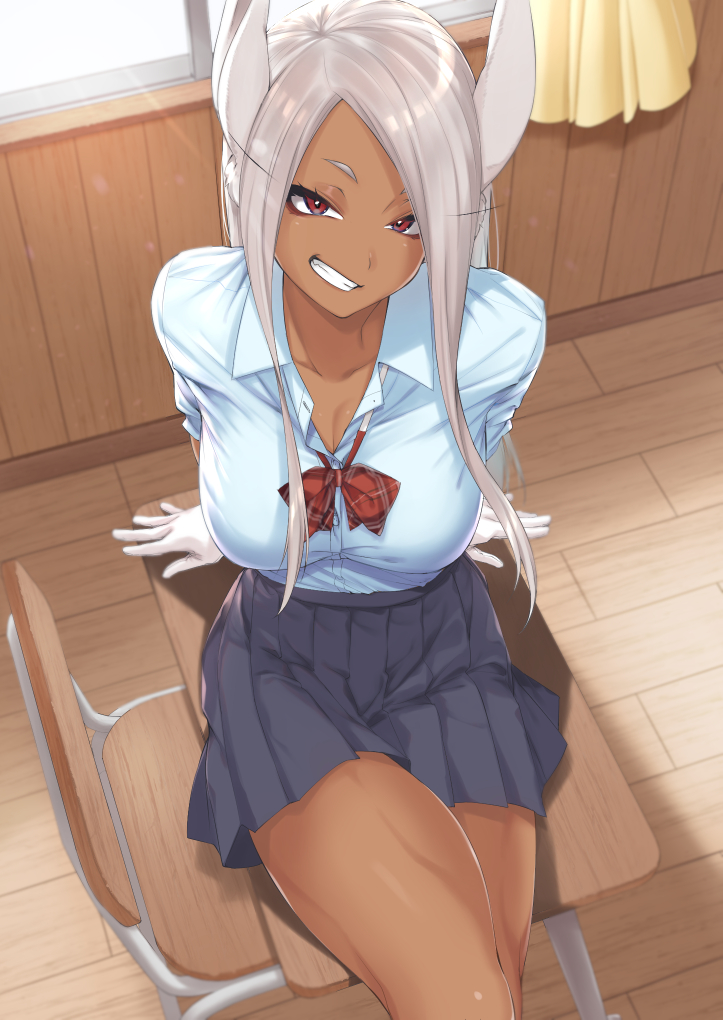 1girl, animal_ears, boku_no_hero_academia, breasts, chair, classroom, cleavage, collared_shirt, crossed_legs, dark-skinned_female, dark_skin, female_focus, grin, gyaru, kurokura_eri, large_breasts, long_hair, looking_at_viewer, mirko, parted_bangs, pleated_skirt, rabbit_ears, rabbit_girl, red_eyes, school_chair, school_uniform, shirt, short_sleeves, sitting, skirt, smile, solo, table, thighs, white_hair, window
