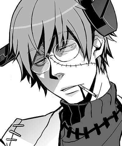 00s, 1boy, bantrain, franken_stein_(soul_eater), glasses, lowres, male_focus, monochrome, scar, simple_background, smoking, solo, soul_eater, stitches, togatsuko