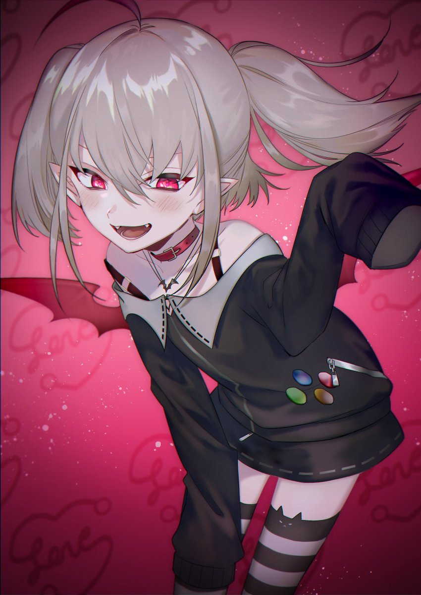 1girl, absurdres, ahoge, animal_ear_legwear, badge, bare_shoulders, bat_necklace, bat_wings, blush, button_badge, cat_ear_legwear, cat_ear_thighhighs, cat_thighhighs, chanms, collar, collarbone, demon_girl, demon_wings, fangs, feet_out_of_frame, female_focus, grey_hair, hair_between_eyes, hand_on_own_thigh, highres, jacket, jewelry, long_sleeves, makaino_ririmu, makaino_ririmu_(2nd_costume), medium_hair, miniskirt, multicolored_hair, necklace, nijisanji, off-shoulder_jacket, off_shoulder, open_mouth, pointy_ears, red_collar, red_eyes, red_hair, red_wings, sidelocks, skirt, sleeves_past_fingers, sleeves_past_wrists, solo, strap_slip, streaked_hair, striped_clothes, striped_thighhighs, teeth, thighhighs, twintails, virtual_youtuber, wings, zettai_ryouiki, zipper