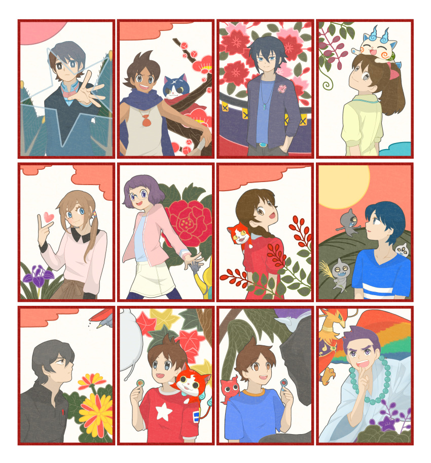 4girls, 6+boys, absurdres, akinori_arihoshi, amano_keita, amano_natsume, bird, highres, huge_filesize, jibanyan, komasan, misora_inaho, multiple_boys, multiple_girls, natsume, phoenix, touma_tsukinami, white_background, youkai_watch, youkai_watch_2, youkai_watch_3, youkai_watch_shadowside