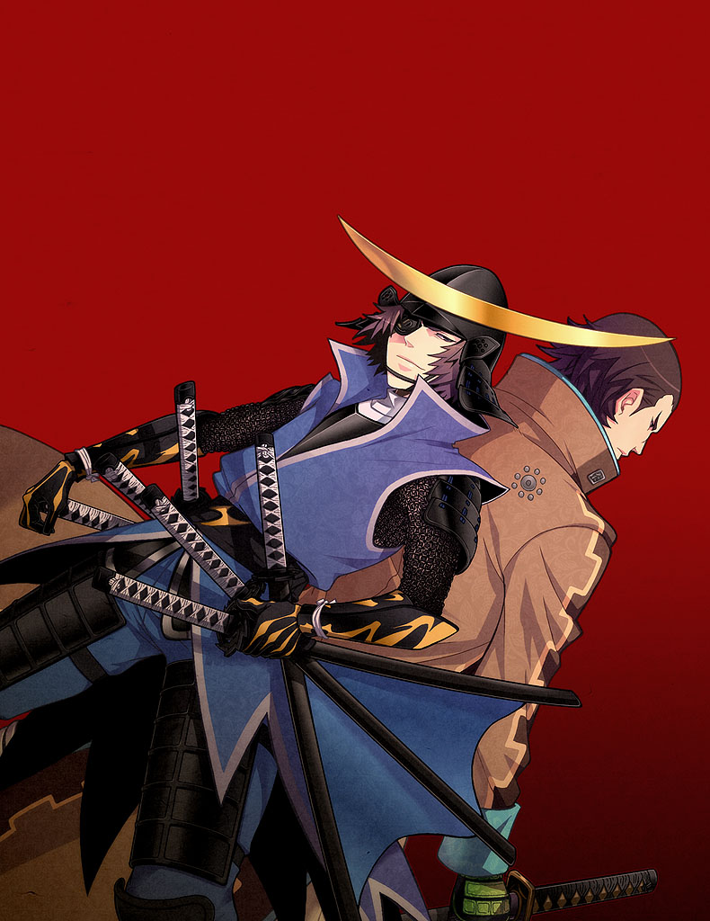 00s, armor, bantrain, brown_hair, capcom, date_masamune_(sengoku_basara), eyepatch, katakura_kojuurou_(sengoku_basara)