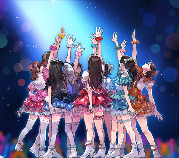 aida_rikako, arm_up, boots, bow, frills, furihata_ai, glowstick, green_skirt