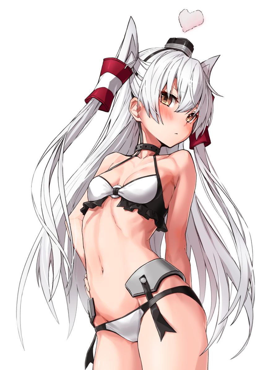 1girl, amatsukaze_(kancolle), amatsukaze_(swimsuit)_(kancolle), bikini, black_bikini, blush, breasts, brown_hair, cowboy_shot, female_focus, groin, hair_between_eyes, hair_tubes, highres, kantai_collection, long_hair, navel, o-ring, o-ring_bikini, silver_hair, simple_background, small_breasts, solo, swimsuit, takanashi_kei_(hitsujikan), two_side_up, white_background