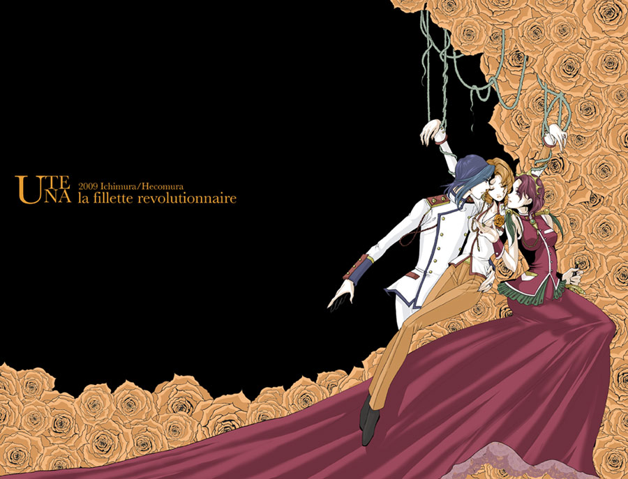 1990s_(style), 1boy, 2girls, arisugawa_juri, breasts, dress, flower, food, fruit, hecomura, multiple_girls, orange_(fruit), orange_hair, plant, retro_artstyle, rose, shoujo_kakumei_utena, takatsuki_shiori, tsuchiya_ruka