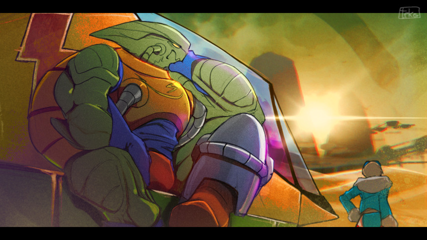 1boy, 1girl, alien, armor, blonde_hair, coat, f-zero, goggles