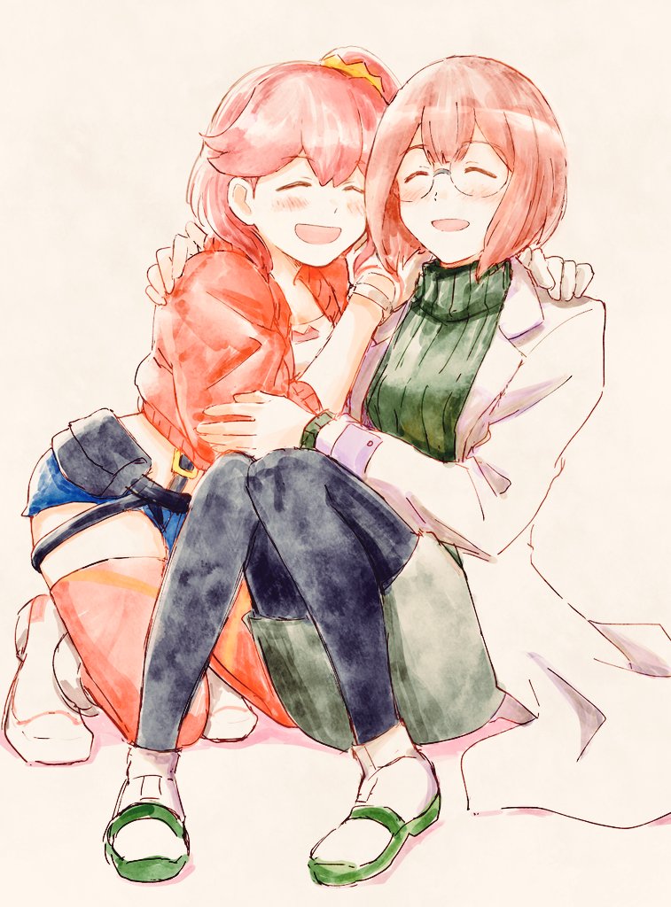 2girls, ^_^, aina_ardebit, black_legwear, blush, closed_eyes, glasses, gloves