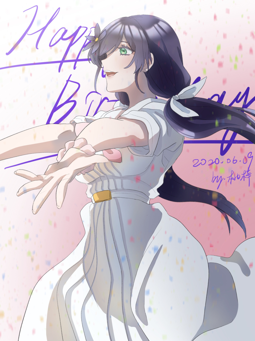 1girl, absurdres, dress, finellen, flower, from_side, green_eyes, hair_flower