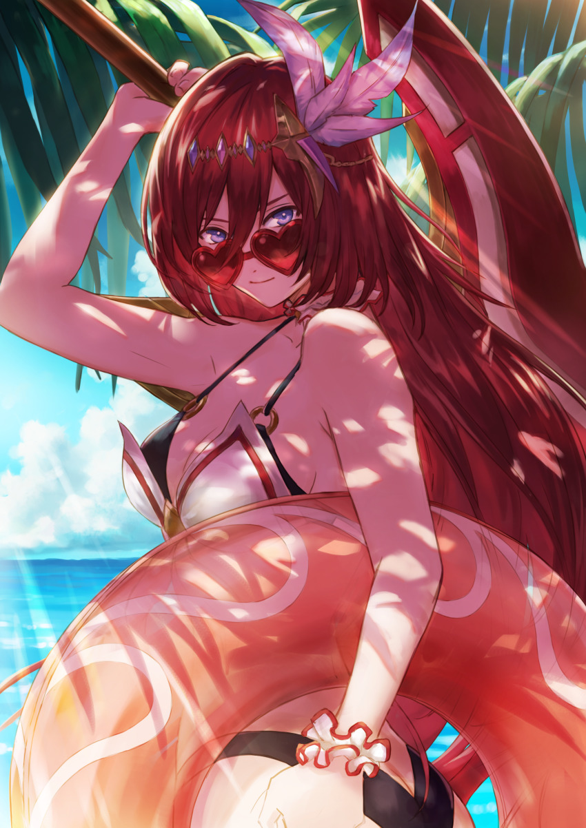 1girl, absurdres, alexiel_(summer)_(granblue_fantasy), bikini, blue_eyes, butt_crack, female_focus, godsworn_alexiel, granblue_fantasy, hair_between_eyes, hair_ornament, highres, holding, holding_sword, holding_weapon, innertube, long_hair, looking_at_viewer, looking_over_eyewear, looking_over_glasses, outdoors, palm_tree, plant, red-tinted_eyewear, red-tinted_glasses, red_hair, saku_(sakudeji), sky, solo, sunglasses, sunlight, swim_ring, swimsuit, sword, tinted_eyewear, tree, very_long_hair, water, weapon