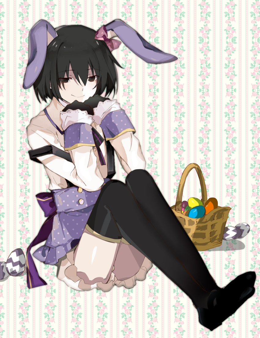 1girl, animal_ears, basket, black_bow, black_eyes, black_gloves, black_hair, black_ribbon