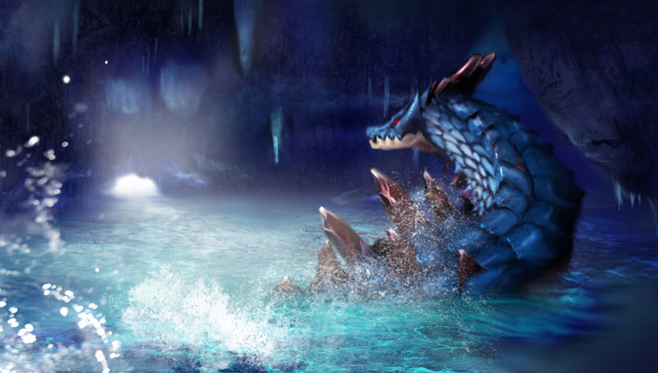 capcom, closed_mouth, dragon, from_behind, lagiacrus, monster, monster_hunter_(series), no_humans, ruins, scales, sharp_teeth, sitting, teeth, water, yasaki_ayumi