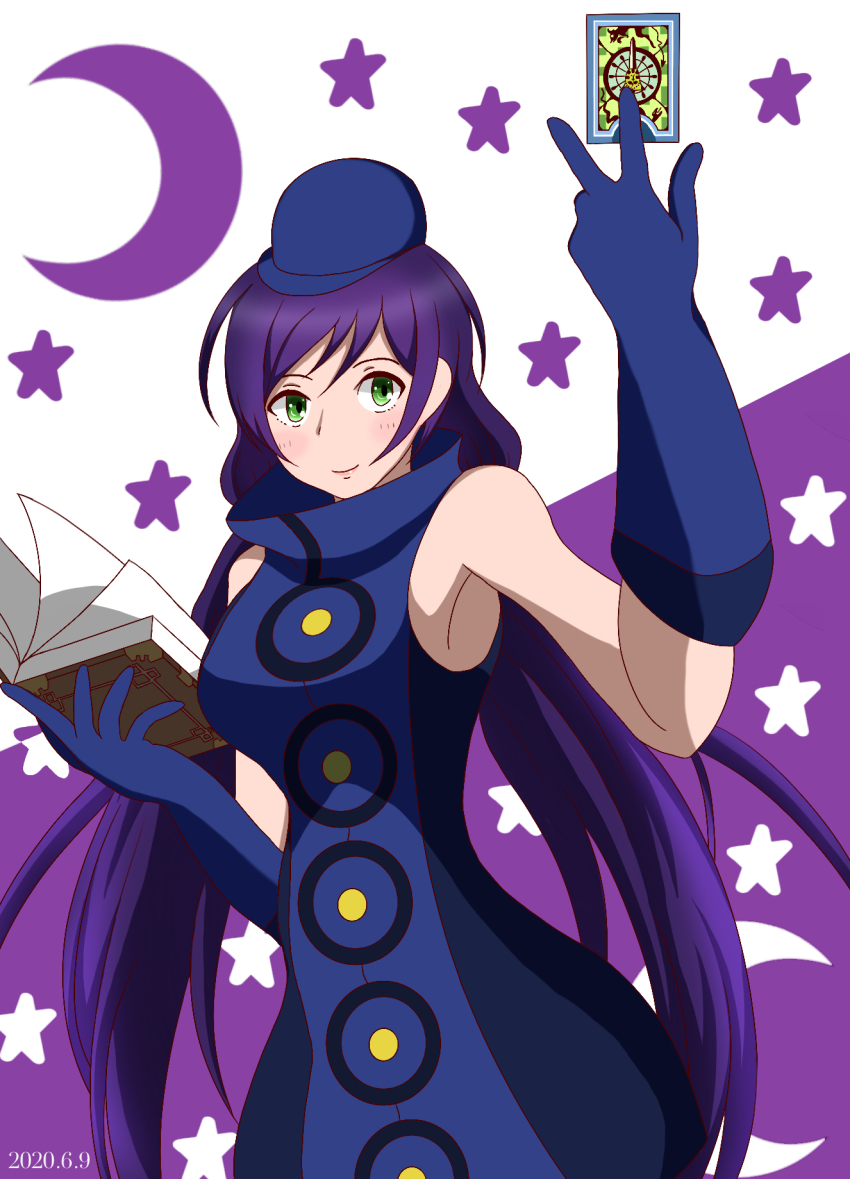 1girl, artist_name, artist_request, blue_dress, blue_gloves, blue_hat, blue_shirt, blush, book, card, cosplay, dress, elizabeth_(persona)_(cosplay), elizabeth_(persona_3), female_focus, gloves, green_eyes, hat, highres, holding, holding_book, holding_card, long_hair, looking_at_viewer, love_live!, love_live!_school_idol_project, mini_hat, moon_print, parted_lips, persona, persona_3, purple_hair, shirt, smile, solo, star_(symbol), star_print, tojo_nozomi, twintails, urei_you