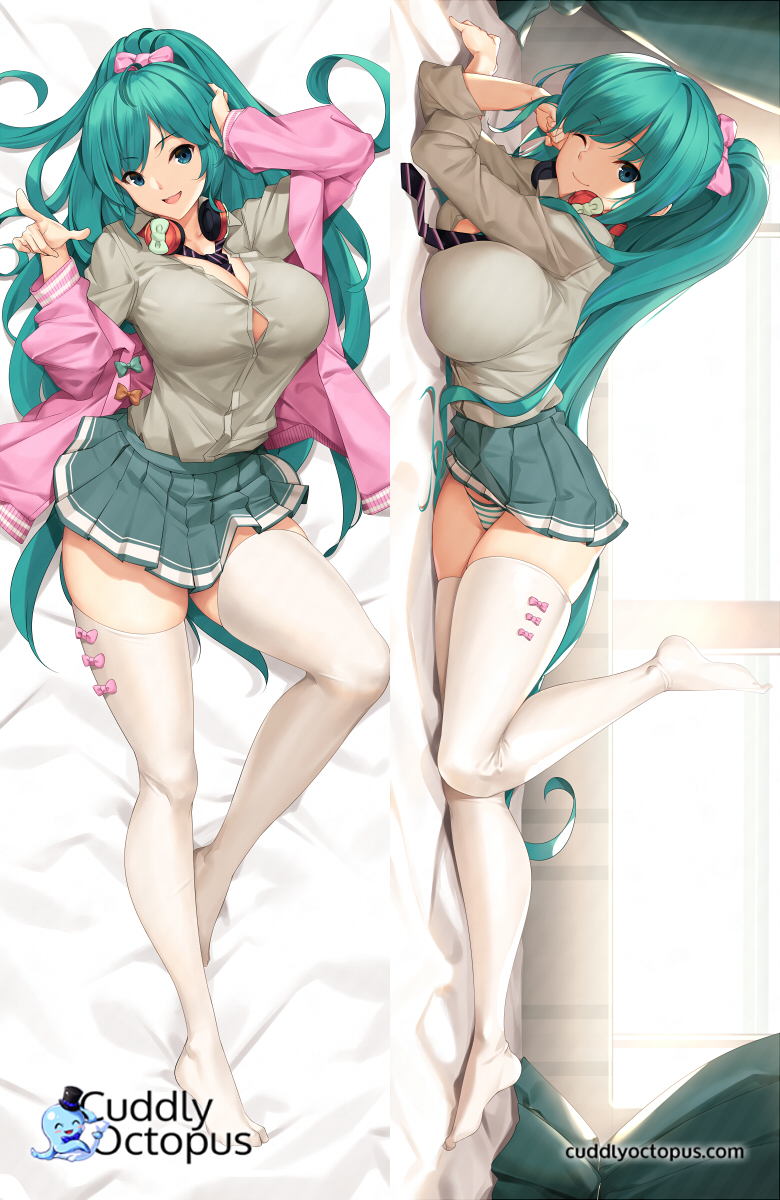 1girl, :d, ;), alternate_breast_size, alternate_hairstyle, aqua_eyes, aqua_hair, between_breasts, bow, bow_legwear, breasts, commentary, cowboy_shot, cuddly_octopus, dakimakura_(medium), english_commentary, full_body, grey_shirt, hatsune_miku, hatsune_miku_(ribbon_girl), headphones, headphones_around_neck, highres, indoors, jacket, large_breasts, leg_up, long_hair, looking_at_viewer, lying, multiple_views, necktie, necktie_between_breasts, no_bra, on_back, on_side, one_eye_closed, open_mouth, panties, pink_bow, pink_jacket, pleated_skirt, ponytail, shirt, skirt, smile, striped_clothes, striped_panties, thighhighs, tony_guisado, underwear, very_long_hair, vocaloid, white_thighhighs
