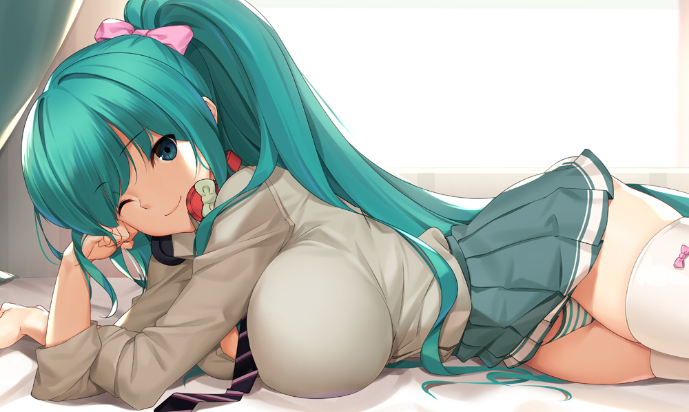 1girl, ;), alternate_breast_size_(larger), alternate_hairstyle, aqua_eyes, aqua_hair, bow, bow_legwear, breasts, commentary, dakimakura_(medium), english_commentary, female_focus, grey_shirt, hatsune_miku, hatsune_miku_(ribbon_girl), headphones, headphones_around_neck, indoors, large_breasts, looking_at_viewer, lying, necktie, on_side, one_eye_closed, panties, pink_bow, pleated_skirt, ponytail, shirt, skirt, smile, solo, striped_clothes, striped_panties, thighhighs, tony_guisado, underwear, vocaloid, white_thighhighs