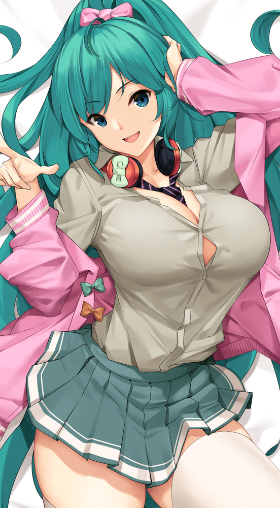 1girl, :d, alternate_breast_size_(larger), alternate_hairstyle, aqua_eyes, aqua_hair, between_breasts, breasts, commentary, cowboy_shot, dakimakura_(medium), english_commentary, female_focus, grey_shirt, hatsune_miku, hatsune_miku_(ribbon_girl), headphones, headphones_around_neck, jacket, large_breasts, long_hair, looking_at_viewer, lying, necktie, necktie_between_breasts, no_bra, on_back, open_mouth, pink_jacket, pleated_skirt, ponytail, shirt, skirt, smile, solo, thighhighs, tony_guisado, very_long_hair, vocaloid, white_thighhighs