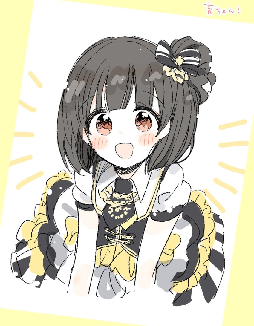 1girl, :d, bent_over, black_bow, black_hair, blush, bow, brown_eyes