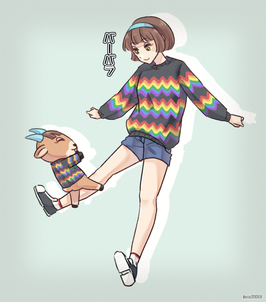 1girl, an777an, animal_crossing, animal_ears, artist_name, brown_hair, closed_eyes, female_focus