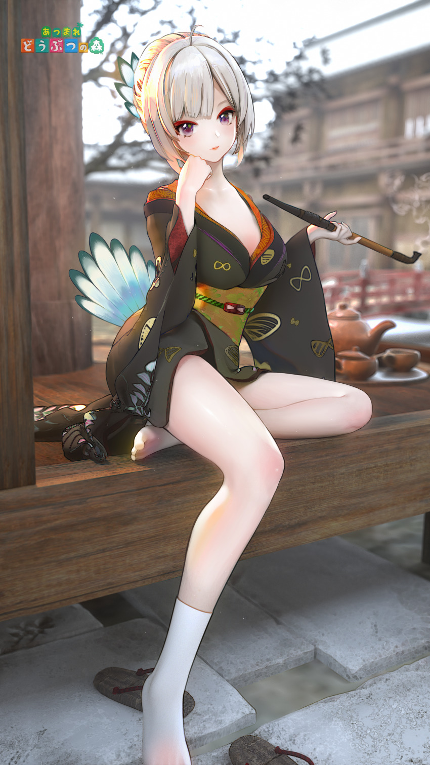 1girl, absurdres, animal_crossing, animal_crossing:_new_horizons, architecture, barefoot, blanche_(animal_crossing), breasts, cleavage, cup, daodian_ji, east_asian_architecture, feathers, female_focus, highres, japanese_clothes, kimono, nintendo, personification, purple_eyes, sandals, single_sock, sitting, sky, smoking_pipe, socks, solo, teacup, teapot, tree, unworn_sandals, white_hair
