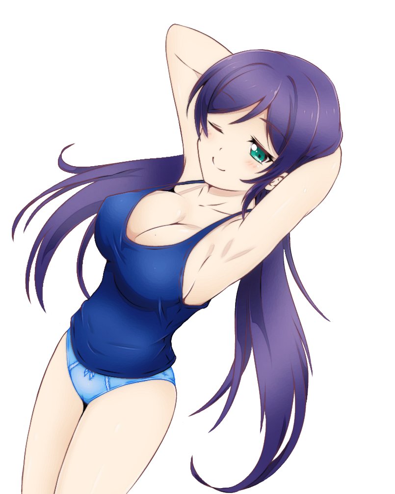 1girl, aqua_panties, arms_up, artist_name, artist_request, bare_shoulders, blush, breasts